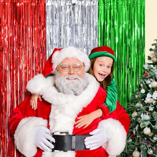 Miniatura 4 de LOLStar Paquete de 3 cortinas de oropel con flecos para fiesta de Navidad de 3.3X6.6 pies cada una, cortinas de fiesta rojas, plateadas y verdes
