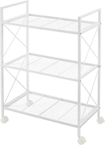 SONGMICS Estante de almacenamiento de metal de 3 niveles con ruedas, unidad de estantería de malla con marcos laterales en X, 23.6 pulgadas de Blanco