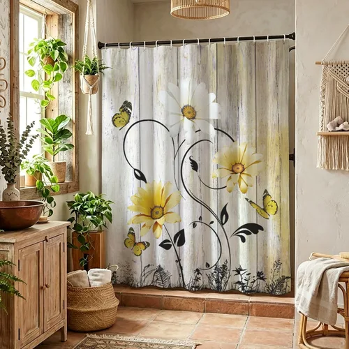 Miniatura 31 de AAtter Cortina de ducha floral azul rústica boho gris blanco amarillo margarita naturaleza negro botánico telón azul verdoso turquesa tela única
