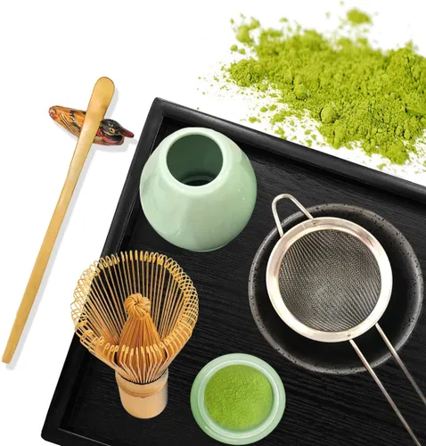 Miniatura 2 de Artcome Juego de té Matcha japonés, batidor Matcha, cuchara tradicional, tazón Matcha, bandeja de bambú negro, soporte de batidor de cerámica