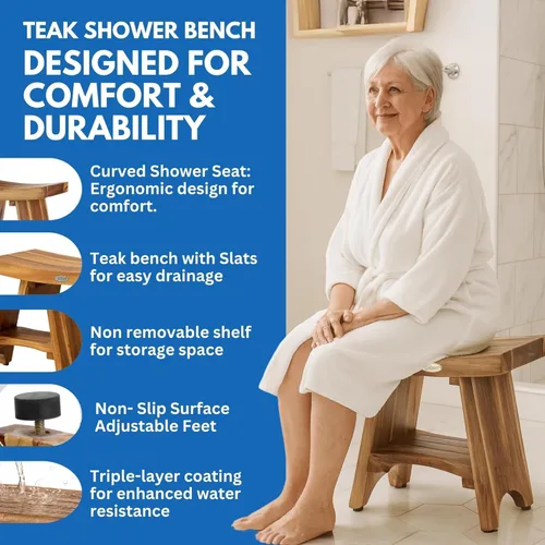 Miniatura 5 de EcoDecors Banco de Ducha de Teca de 18", Capacidad de 300 Libras – Asiento de Baño de Madera Impermeable con Estante, Asiento de Spa para Adultos