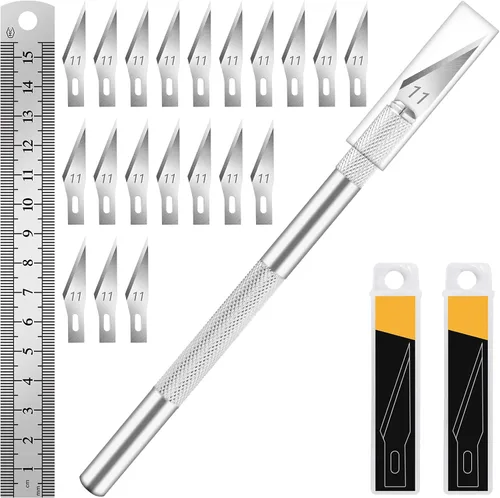 Miniatura 12 de DIYSELF 1 Pieza Cuchillo de Manualidades Cuchillo de Hobby con Kit de 11 Piezas Cuchillas de Acero Inoxidable, 1 Regla de Acero de 15CM para Arte
