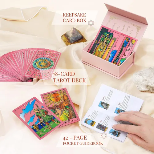 Miniatura 3 de Tarjetas de tarot para principiantes, cartas de tarot rosas con libro guía lámina dorada con significados en ellos, 78 cartas de tarot clásicas