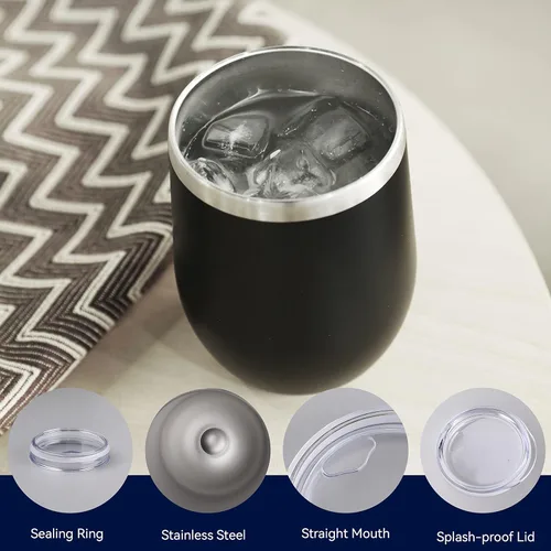 Miniatura 3 de DOMICARE - Juego de 16 vasos de vino de 12 onzas con tapa, hechos de acero inoxidable con aislamiento al vacío de doble pared, color negro