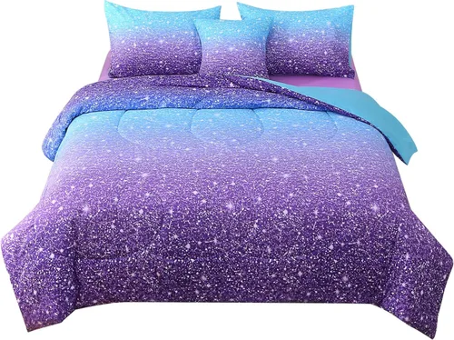 Miniatura 2 de JQinHome Juego de edredón con purpurina, tamaño individual, juego de ropa de cama en una bolsa de 6 piezas en 3D colorido degradado para niñas