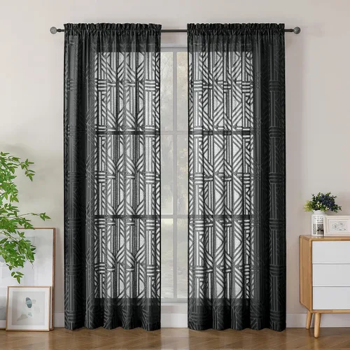 Miniatura 73 de Simplebrand Cortinas traslúcidas negras de cocina de 24 pulgadas de largo, 2 paneles, filtrado de luz, geométrico jacquard con textura, cortinas