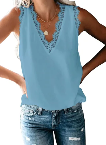 Miniatura 115 de VIISHOW - Camiseta sin mangas, sexy, con cuello en V y bordes de encaje para mujer, camisola de vestir, camisas de gasa, sin mangas, casuales