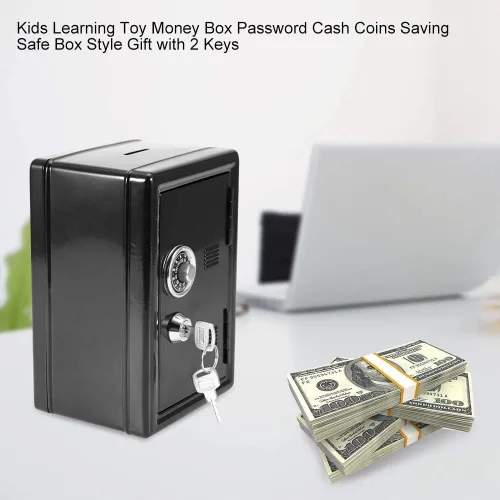 Miniatura 3 de Yosoo Caja de dinero para niños, caja de dinero, contraseña, monedas, ahorro de caja fuerte, estilo caja de regalo, con 2 llaves (negro)