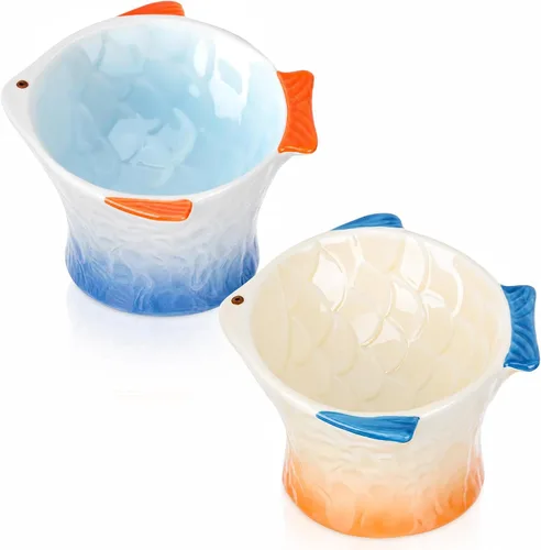 Miniatura 7 de Tioncy 2 cuencos elevados de cerámica inclinados para gatos con forma de pez, lindo plato elevado inclinado en ángulo poco profundo, comedero Verde