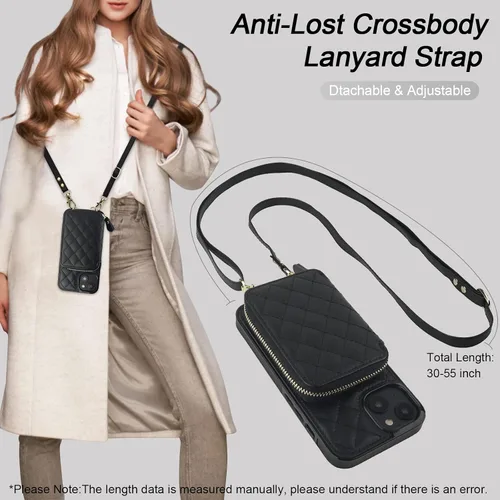 Miniatura 6 de Bocasal Funda tipo cartera cruzada para iPhone 14 Plus, bloqueo RFID, de piel sintética, con cremallera, funda tipo cartera con función atril y Negro