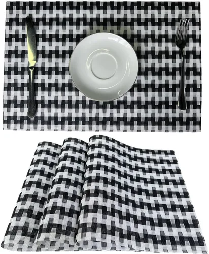 Miniatura 21 de Mantel individual de vinilo tejido duradero, lavable, resistente al calor, antideslizante, para cocina, comedor (juego de 4, azul con blanco)