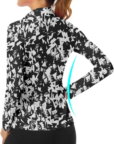 Miniatura 6 de WOWENY Camiseta deportiva de manga larga para mujer, con cremallera de un cuarto, cuello para entrenamiento, camiseta de tenis con estampado
