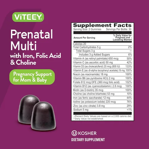 Miniatura 4 de Viteey Gomitas prenatales para mujer, prenatales con hierro para el embarazo con colina y ácido fólico, vegetarianas, sin gluten, 120