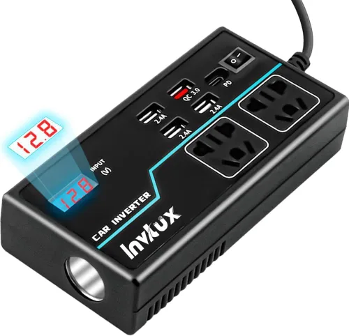 Inversor de corriente de 200 W, 8 en 1 CC 12 V a 110 V CA, adaptador de enchufe de automóvil, convertidor de salidas con PD3.0 de 30 W y 4 puertos