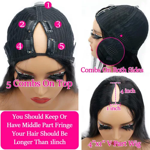 Miniatura 4 de CHEETAHBEAUTY Pelucas con camino en V de cabello humano de 10 pulgadas sin dejar salir el encaje frontal; mejora de las pelucas con camino en U