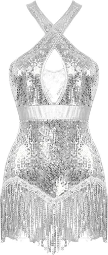 Miniatura 3 de iiniim Leotardo de jazz con lentejuelas para mujer, con flecos, borla para baile latino, ropa de baile
