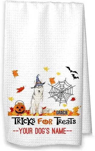 Studio 9Thirty3 Tricks for Treats Husky - Toalla de cocina de Halloween, decoración de otoño husky para mamá, regalo de anfitriona (toalla blanca,