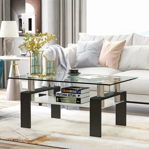 Miniatura 3 de Meihua Mesa de Centro de Vidrio Rectangular de 2 Niveles Mesa de Té Mesa de Centro Moderna para Sala de Estar Transparente