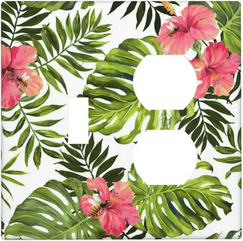 Miniatura 27 de Cubierta de placa de pared con palmera verde de planta tropical, cubierta de interruptor de luz de 1 cuadrilla, hojas de plátano, flores rosas