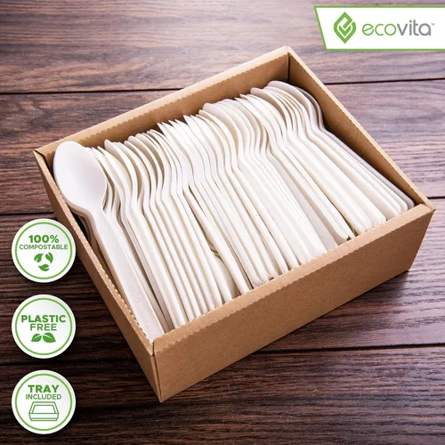Miniatura 2 de Ecovita Cucharas 100 % compostables – 140 utensilios desechables grandes (6.3 pulgadas). Ecológico, duradero y resistente al calor, alternativa a