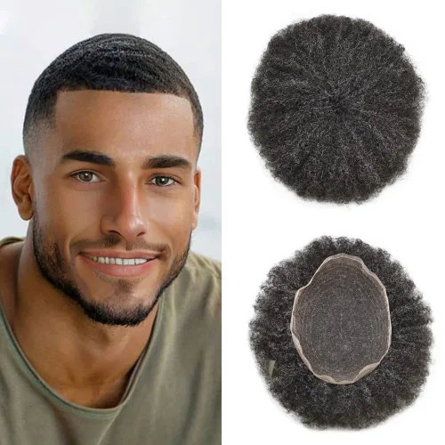 Miniatura 6 de LYRICAL HAIR Completo encaje francés Afro Toupee para hombres negros cabello humano brasileño todo encaje afroamericano rizado sistema de reemplazo