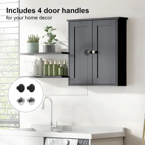 Miniatura 6 de Armario de pared de baño negro, botiquín sobre inodoro, armario de baño montado en pared con estantes, botiquín de montaje en superficie