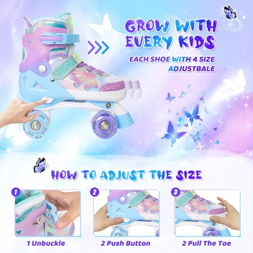 Miniatura 21 de MammyGol Patines de ruedas para niños y niñas, patines ajustables para niños con hermosas mariposas, principiantes de 3 a 16 años de edad, patines