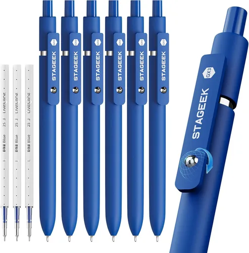 STAGEEK Bolígrafos de gel azul, paquete de 6 bolígrafos de tinta azul de secado rápido con 3 recargas extra, bolígrafos retráctiles de punta fina de