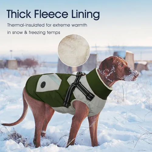 Miniatura 6 de IECOii Abrigo para perro con arnés integrado, verde, grande, abrigo de invierno impermeable, chaqueta de nieve con forro polar para perros Verde