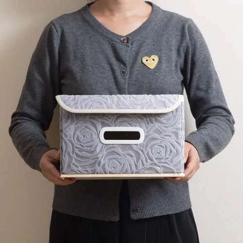 Miniatura 6 de PRANDOM Cajas de almacenamiento apilables con tapas [paquete de 5] cubos de almacenamiento decorativos de tela, canastas organizadoras con asas