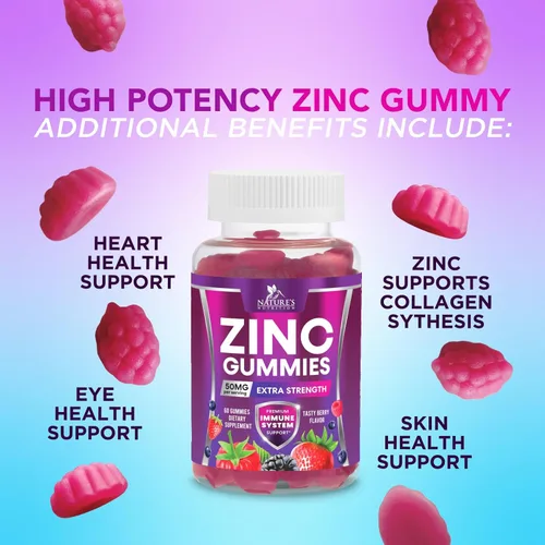 Miniatura 6 de Gomitas de zinc – 50 mg de zinc por porción, gomitas de apoyo inmunológico para la piel y los huesos – Antioxidante masticable de alta calidad