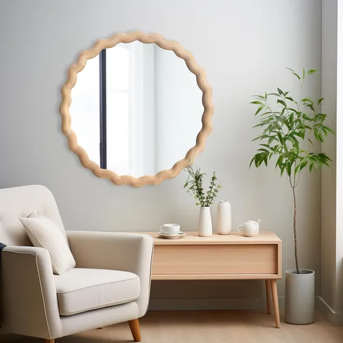 Miniatura 4 de Espejo de pared irregular, espejo redondo de madera, espejo de tocador único, espejo de baño moderno de madera natural de 18 pulgadas para baño