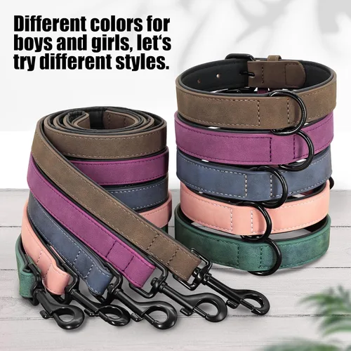 Miniatura 6 de Didog Juego de collar y correa de cuero acolchado suave para perro, correa ajustable y collar con hebilla de metal, collares transpirables