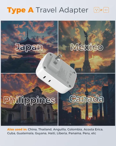 Miniatura 2 de Adaptador de toma de 2 a 3 clavijas, TESSAN Adaptador de enchufe de EE. UU. a Japón, paquete de 2 con 4 salidas, 3 USB (2 USB-C), adaptador