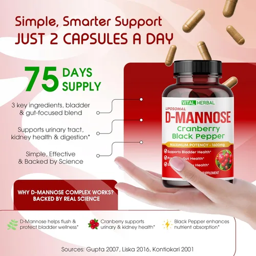 Miniatura 6 de VITAL HERBAL D-manosa liposomal con arándano y pimienta negra – Fórmula de alta absorción – Apoya el equilibrio urinario, comodidad digestiva