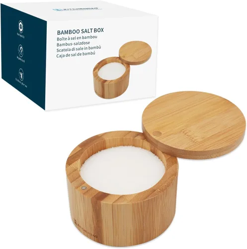 KITCHENDAO Caja de cuenco de sal de bambú, elegante contenedor soporte de cocina con tapa magnética giratoria para almacenar pimienta, especias de