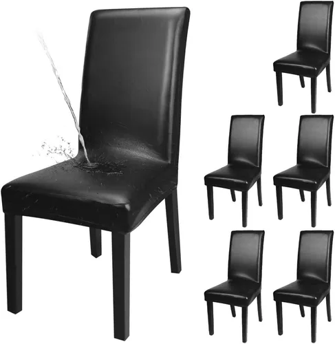 Miniatura 15 de YISUN Fundas para sillas de comedor, cuero sintético macizo, impermeable y resistente al aceite, elásticas, protectoras (negro, paquete de 4)
