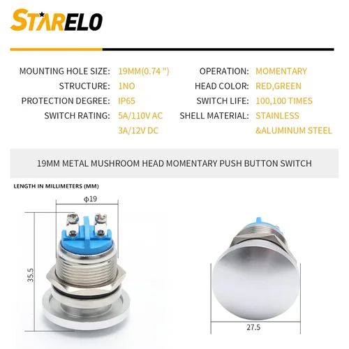 Miniatura 2 de STARELO Interruptor de botón momentáneo de 0.79 pulgadas, cabeza de hongo de metal de acero inoxidable IP65, resistente al agua, 2 pines, SPST, 1NO