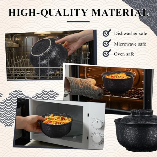 Miniatura 5 de SiliFine Juego de 2 cuencos de cerámica para ramen con tapa, olla de arcilla para microondas de 25 onzas, vajilla tradicional japonesa, olla