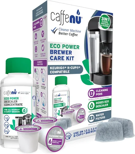 Caffenu Kit de limpiador y descalcificador compatible con Keurig. Solución de descalcificación de 2 usos, 3 cápsulas de limpieza y 2 filtros de