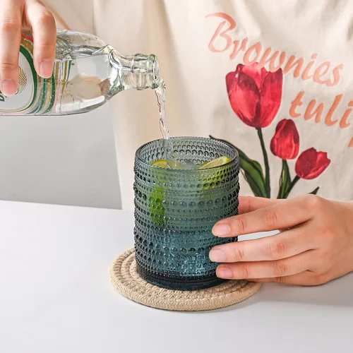 Miniatura 6 de ZMOWIPDL Juego de vasos de vidrio vintage de 6 piezas, vasos de 12 oz con asas de nudo, vaso para agua azul en relieve, para cerveza, cóctel