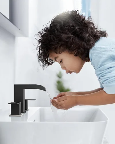 Miniatura 4 de FORIOUS Grifos cuadrados de baño de níquel cepillado y negro de 3 agujeros, cascada de 8 pulgadas, grifo de lavabo de baño con drenaje emergente