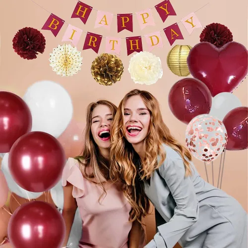 Miniatura 5 de Decoraciones de cumpleaños para mujer, decoraciones de fiesta de cumpleaños rosa con globos blancos, pancarta de feliz cumpleaños para despedida