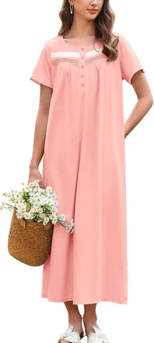 Miniatura 19 de Ekouaer Camisón para Mujeres de Algodón Camisón Largo de Noche Camisón de Manga Corta con Bolsillos Camisón con Botones Ropa de Dormir Suave