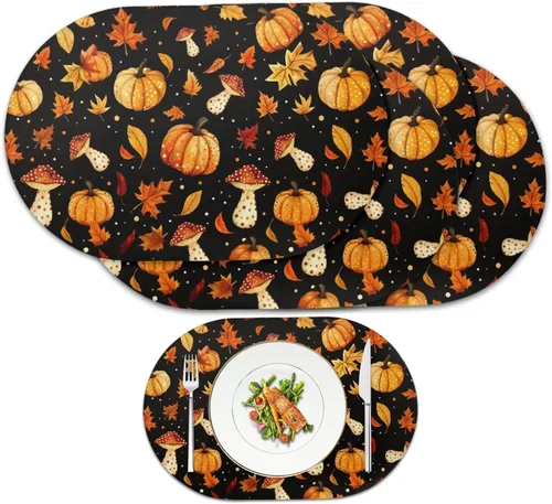 Miniatura 62 de Non Slip Placemats Set of 6 Pumpkin Mushroom Theme Waterproof Wipeable Faux Leather for Thanksgiving Family Feast Heat Resistant Dining Table Mats