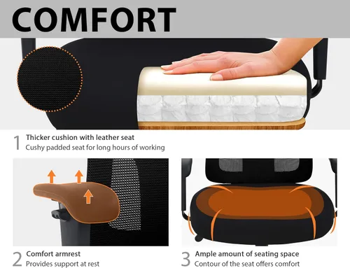 Miniatura 5 de Silla de oficina ergonómica de malla grande y alta, capacidad de 400 libras, asiento grueso, soporte lumbar, reposabrazos ajustables, color negro