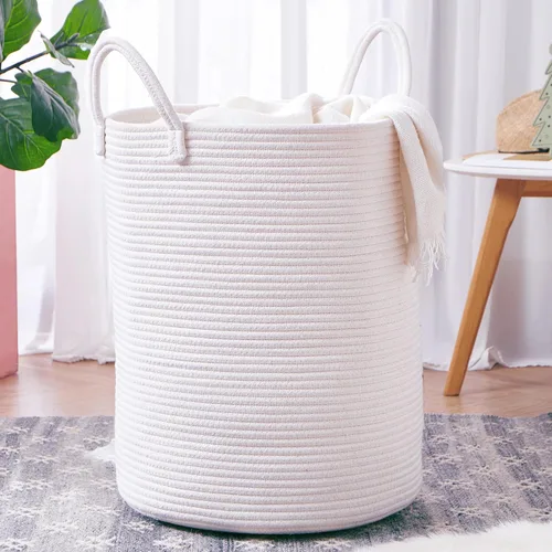 Miniatura 14 de 15Dx20H pulgadas Cesta de lavandería grande rosa para niños, cesta de lavandería de cuerda tejida para guardería, para habitación de niñas, Rosa1