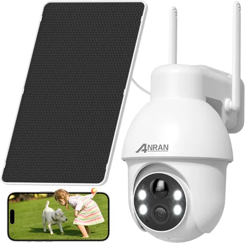 ANRAN - Cámara de seguridad solar inalámbrica 2K para exteriores, visión nocturna a color con giro/inclinación de 360°, detección humana PIR, audio