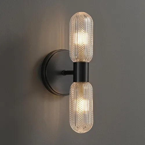 Miniatura 9 de Apliques de pared de latón cepillado, apliques de vidrio doble moleteado de 12.3 pulgadas, aplique dorado de 2 luces, luces de pared para sala