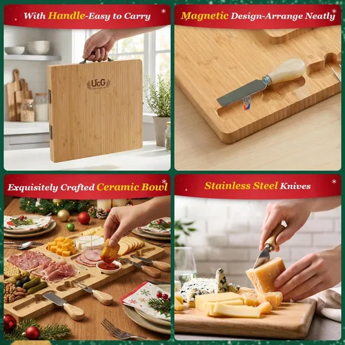 Miniatura 5 de UTCG Regalos de Tabla de Charcutería para Mujeres: Tabla de Queso Plegable de Bambú con Juego de Cuchillos - Regalo Único de Intercambio de Regalos